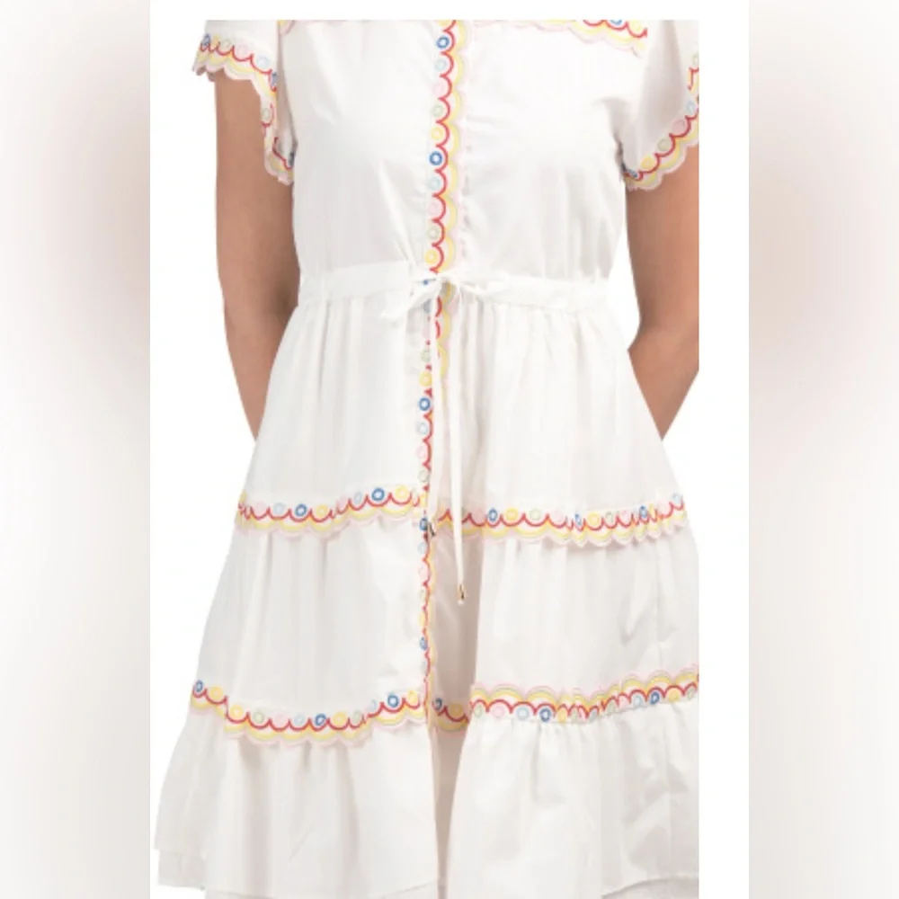 DALIA MACPHEE BNWT Scalloped Embroidered Shirt Dress Tie Waist Size M Lined - Picture 3 of 16